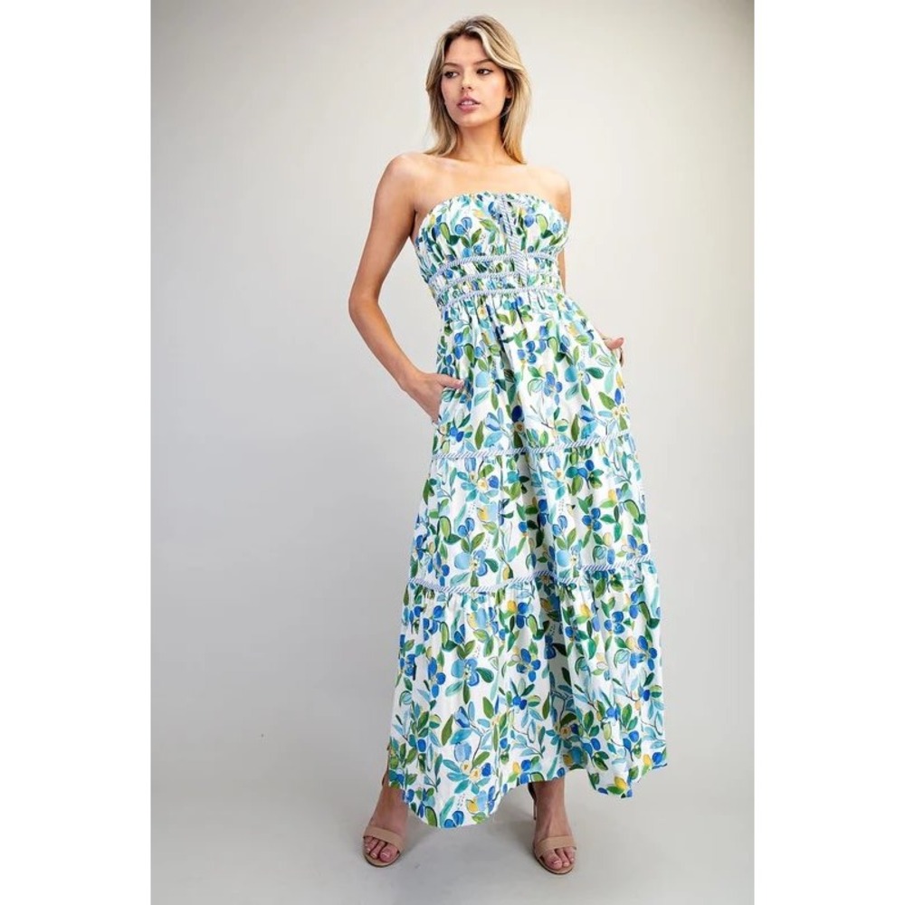 Eesome Los Angeles Floral Lemon Print Strapless Smocked Maxi Dress Blue Green L